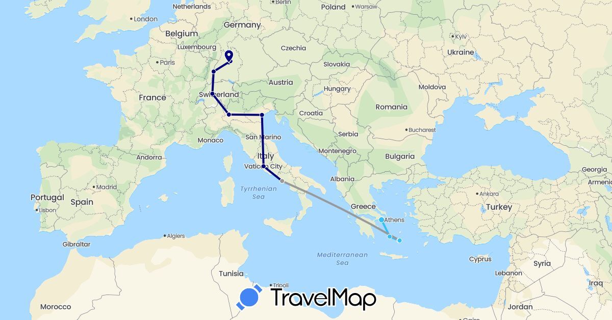 TravelMap itinerary: driving, plane, boat in Switzerland, Germany, Greece, Italy (Europe)